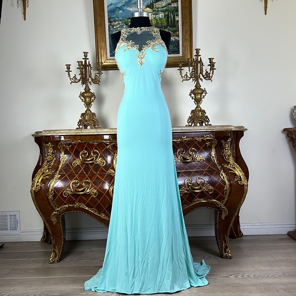 Richard Meier Aqua Halter Gown with Gold Embellishment